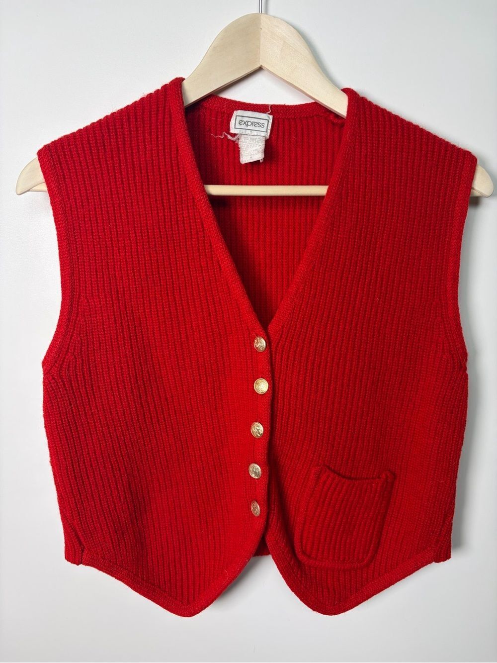 Vintage Express Red Knit Sweater Vest Gold Buttons Fishermancore Preppy 90s